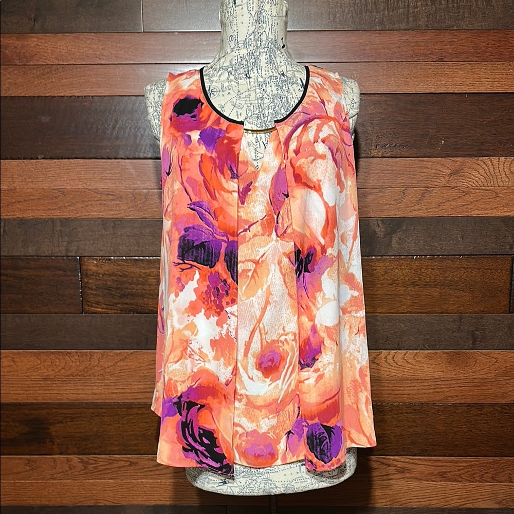Worthington Floral Sleeveless Blouse - Orange and Purple